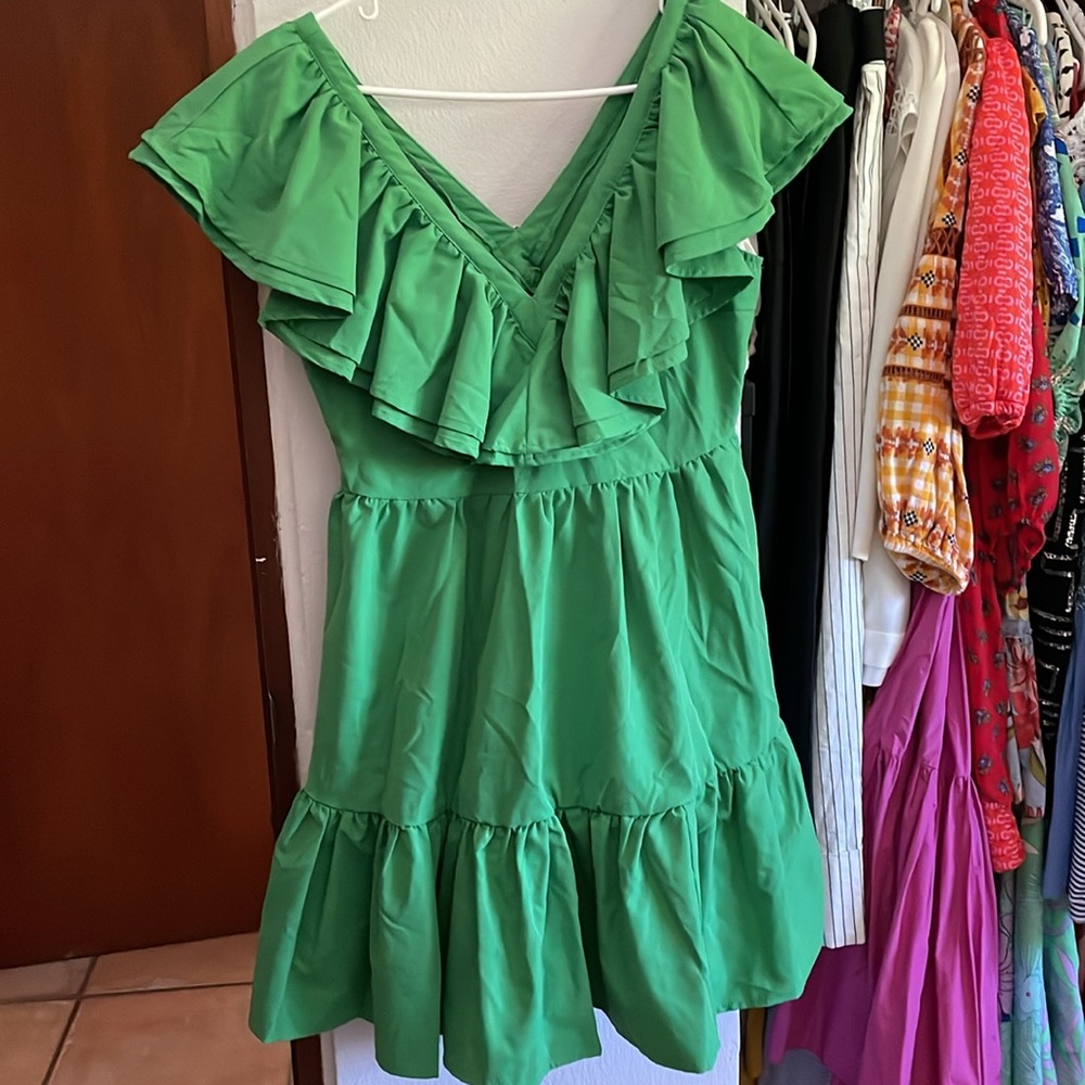 Green Mini Layered Ruffle Dress Size Large - Picture 7 of 9